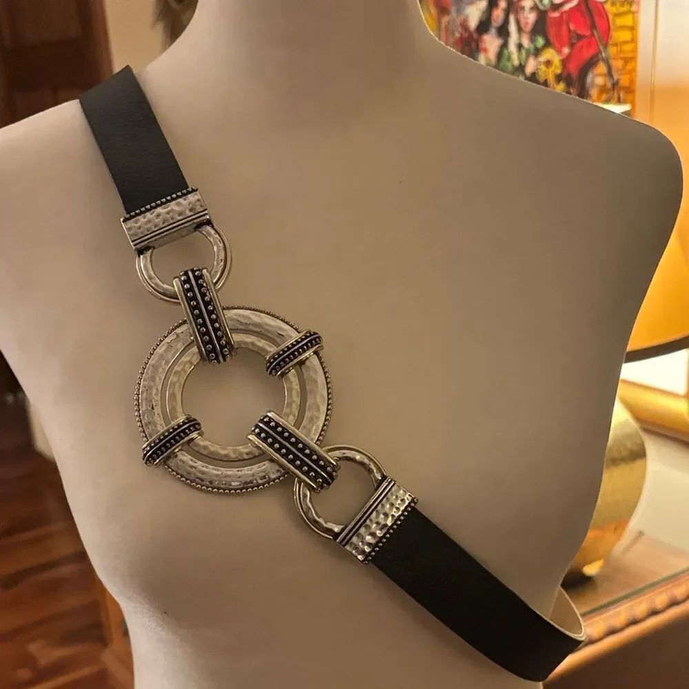 Chicos Circular Abby Black Leather Belt Hammered Silver Buckle - S/M